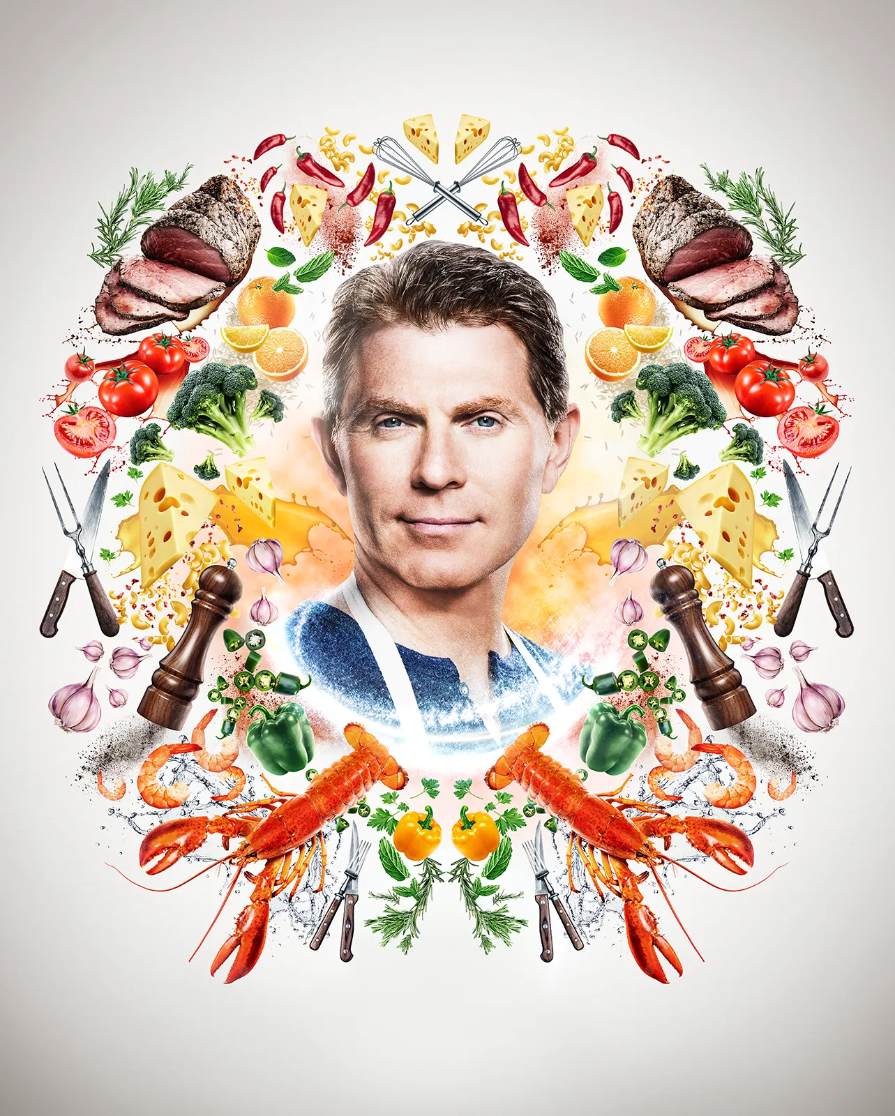 Digital imaging of Bobby Flay and food items for Food network. World-class digital imaging and VFX produced in Toronto by Pierre Bourjo.