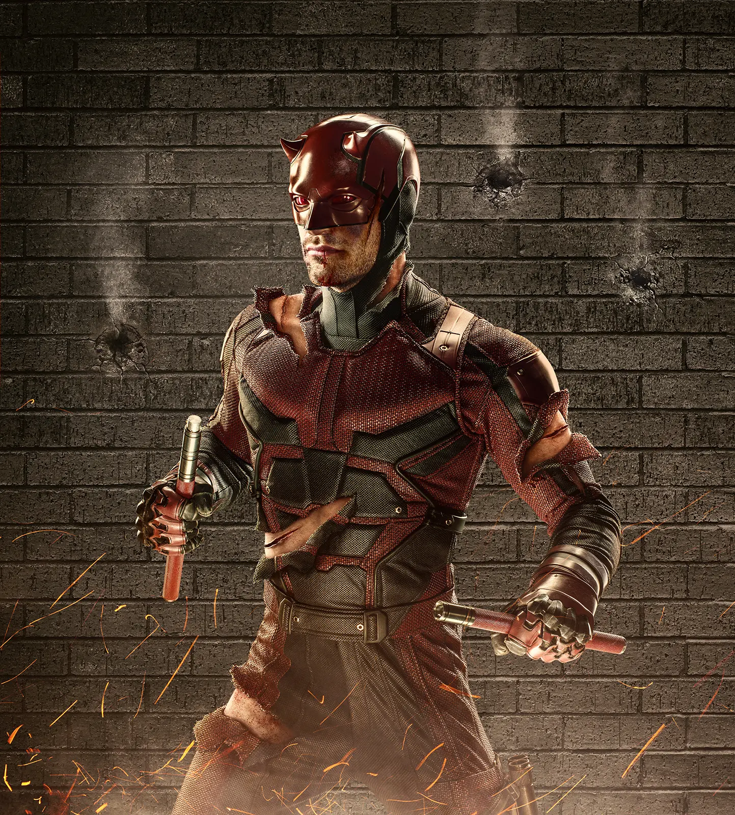 Netflix and Marvel's Daredevil interactive social media billboard in which we were commissioned to illustrate hero battle cuts, bruises, torn fabrics and brick wall damage. Each stage were added to the billboard daily during the campaign based on fan votes. Fans could hashtag the hero they wanted to win and watch the others bleed. #Daredevil #Elektra #Punisher CGI production for advertising and packaging by Pierre Bourjo.