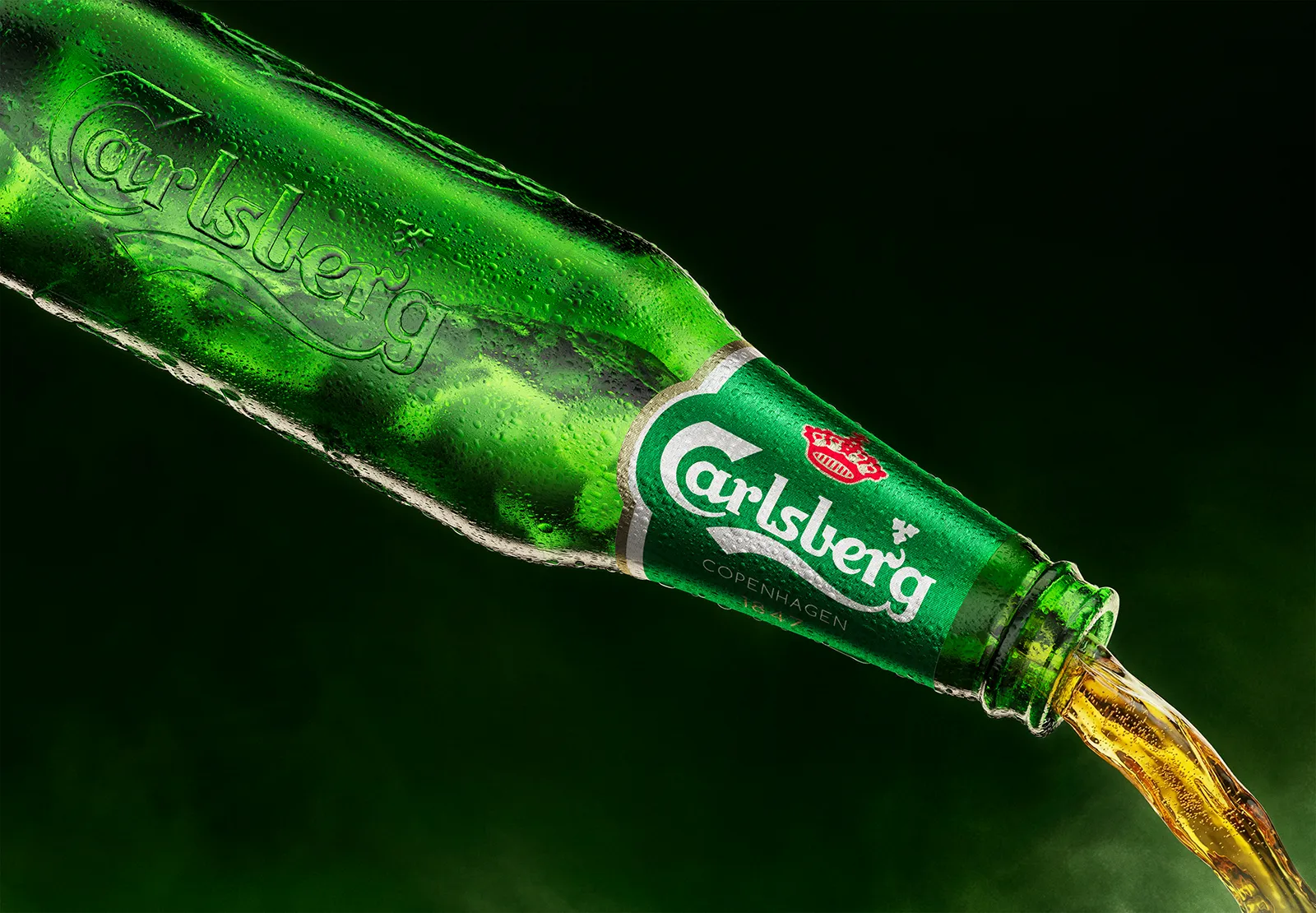 CGI rendering of Carlsberg bottle and beer. Digital imaging and post-production excellence by Pierre Bourjo.