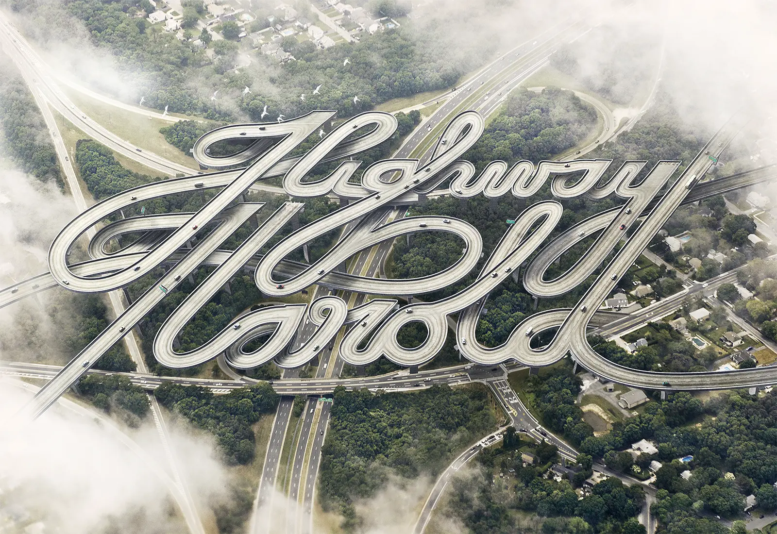 CG rendering and digital imaging of highway shaped letters and landscape for Ford 'Highway Harold' advertising campaign, winner of Applied Arts typography award. We also completed a French version 'Laurie Laroute' for the campaign. Where traditional illustration meets advanced CGI: work by Pierre Bourjo.