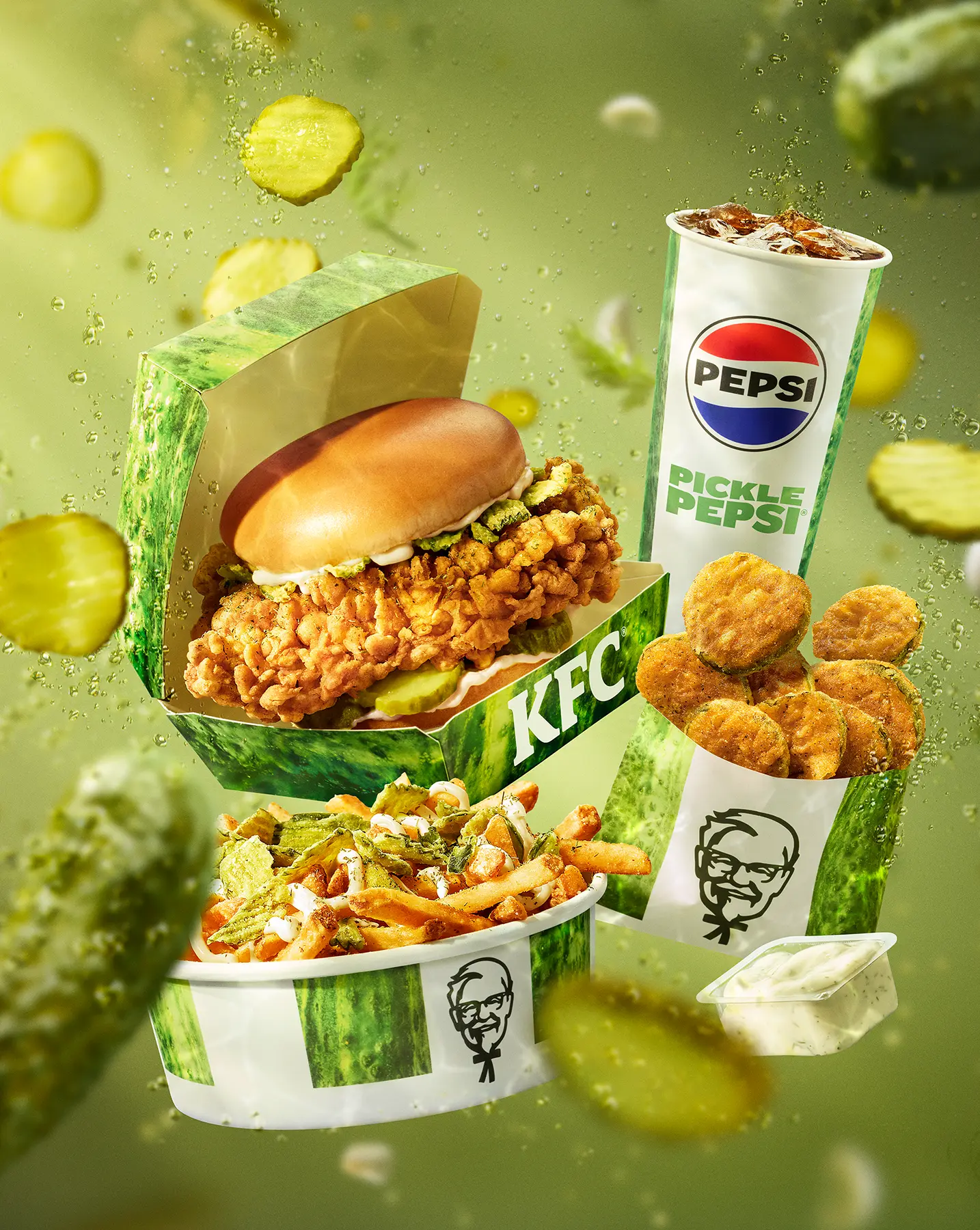 CGI and ditgital imaging of pickle food menu items for KFC. Retouching, close cropping, CG details and compositing. Intricate 3D illustration and CG rendering by Pierre Bourjo.
