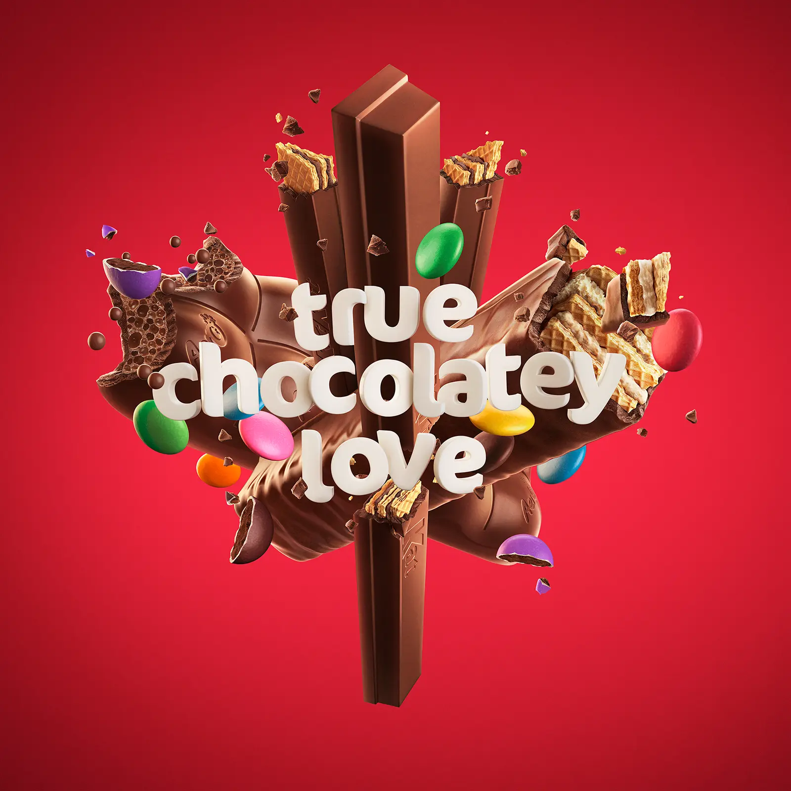 CGI rendering of chocolate candy bars for Nestlé and typography. Includes the iconic Coffee Crisp, KitKat, Aero and Smarties Creative imagery for print and packaging by Pierre Bourjo.