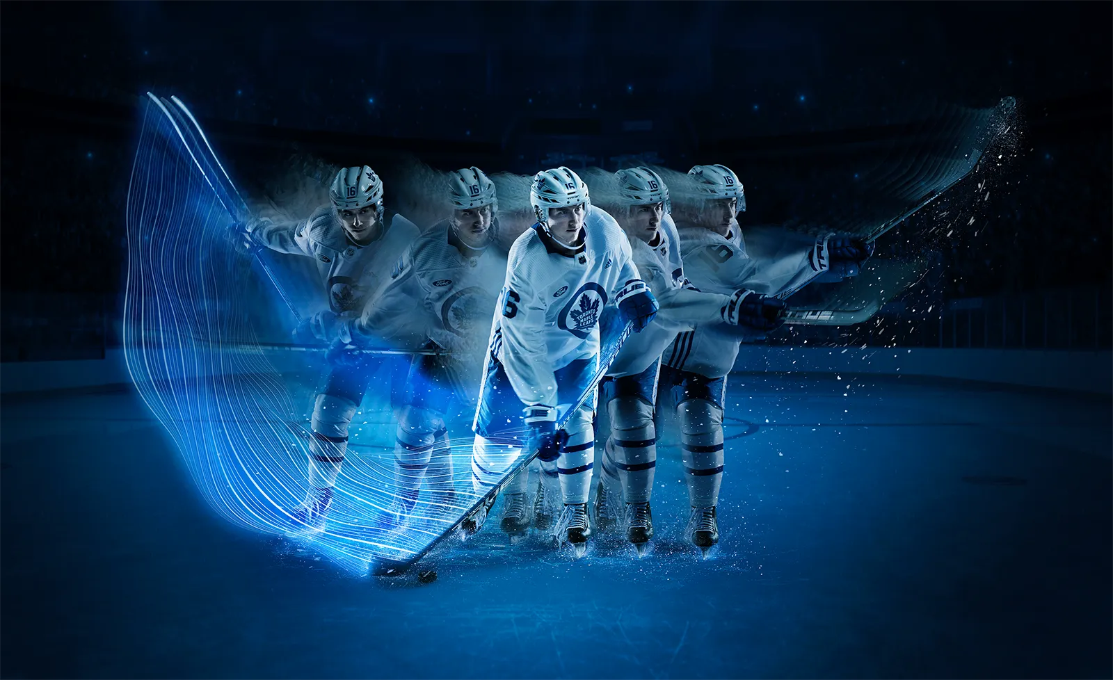 Digital imaging of Mitch Marner of the Toronto Maple Leafs and CG rendering of light speed streaks for True Hockey. Executed by Pierre Bourjo, a Toronto-based talent with worldwide recognition.