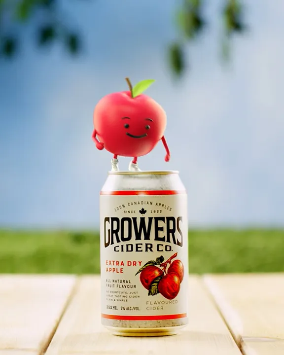 CGI animation of apple character for Growers Cider. Integration and compositing with live footage. Digital animation and compositing for broadcast and online by Pierre Bourjo.