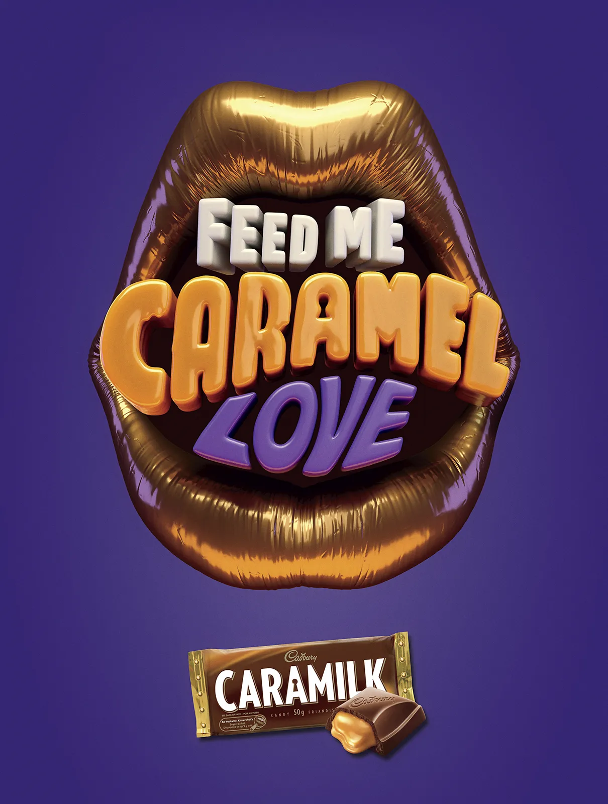 CGI rendering of Cadbury Caramilk chocolate. Digital craft committed to giving pixels a pulse: Pierre Bourjo.