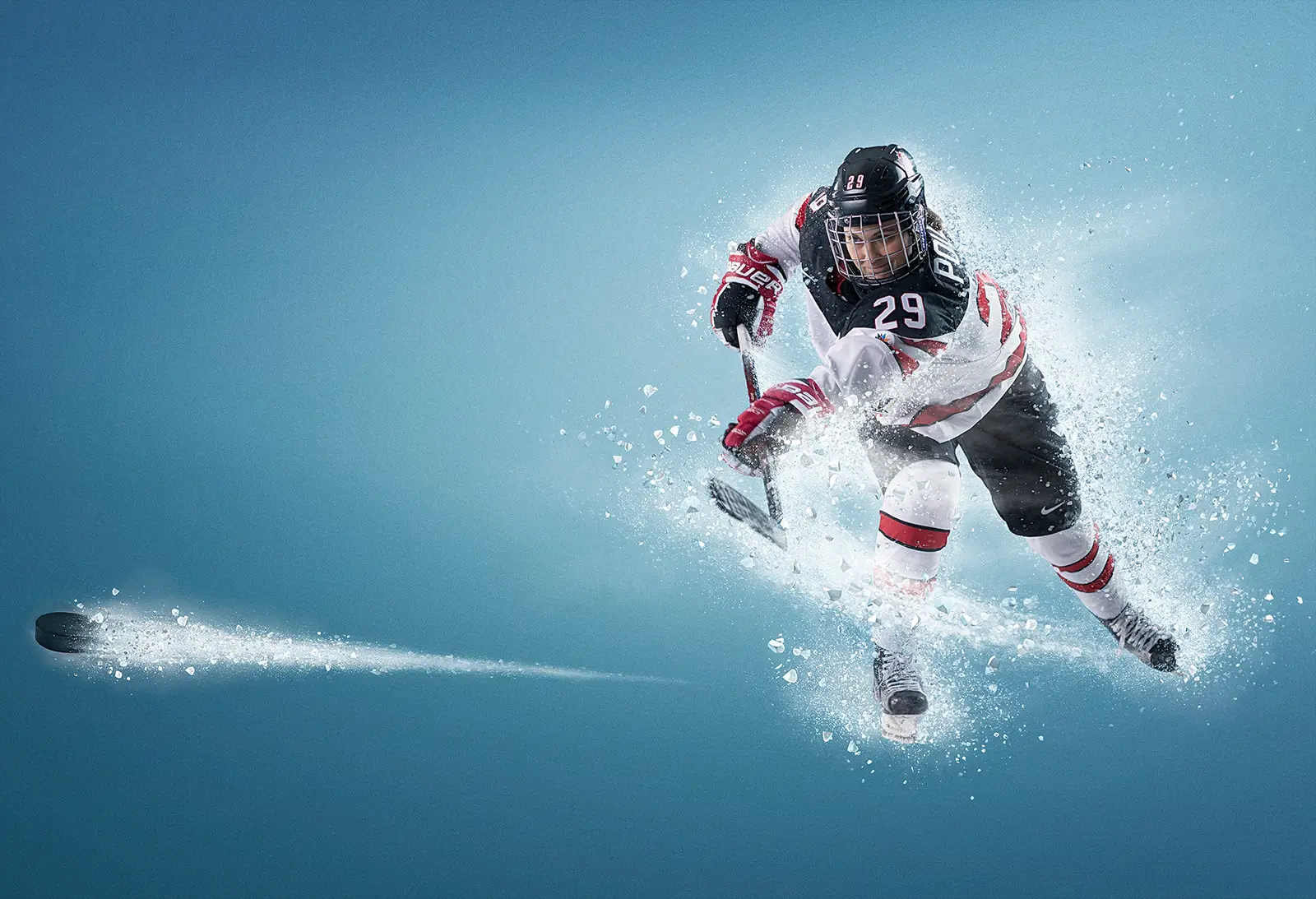 CG ice particles and retouching of basketball player DeMar DeRozan for Gatorade Frost ad campaign. Compelling CGI illustration for advertising by Pierre Bourjo.